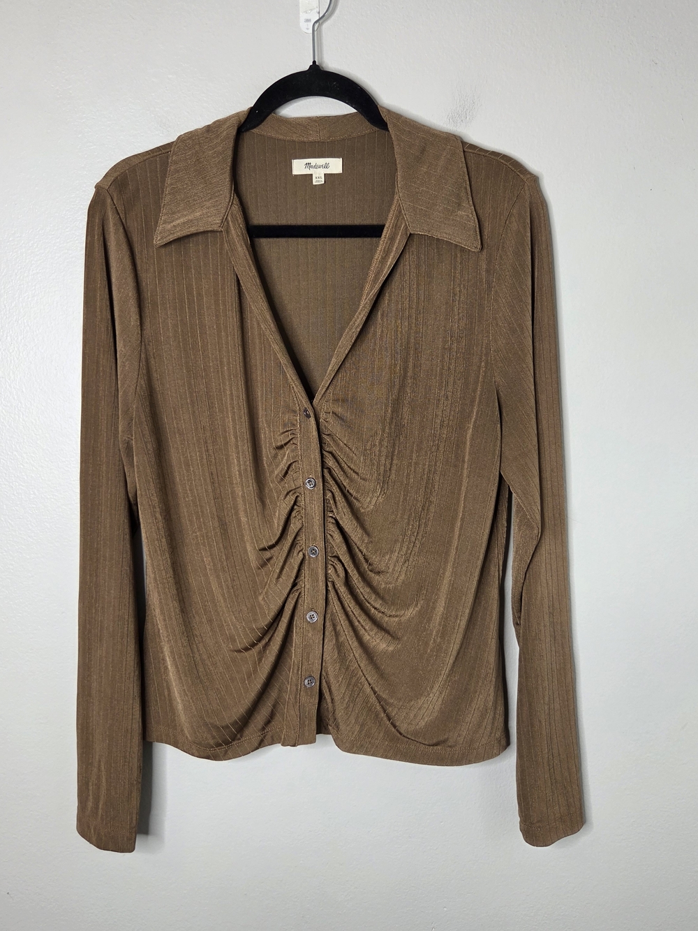Madewell Brown Metallic Rib Ruched Long-Sleeve Top